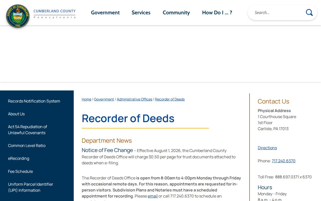 Upper Allen Township street directory Cumberland Recorder of Deeds access
