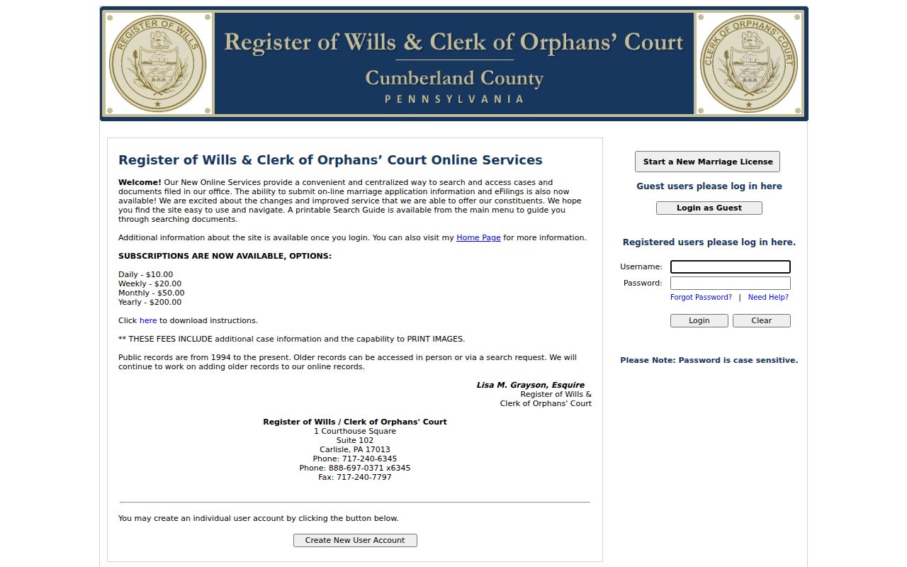 Upper Allen Township resident lookup through Cumberland Register of Wills records