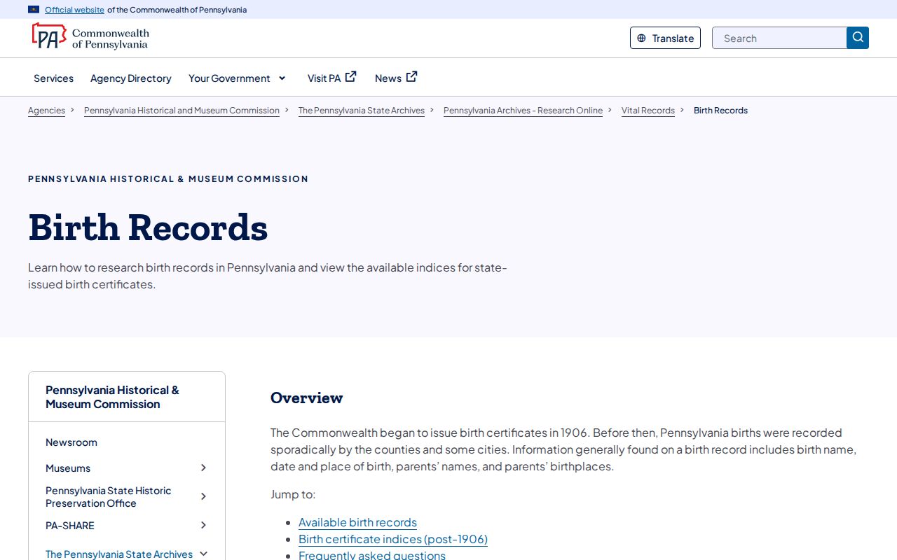 Upper Allen Township resident lookup through Pennsylvania Archives birth record guidance