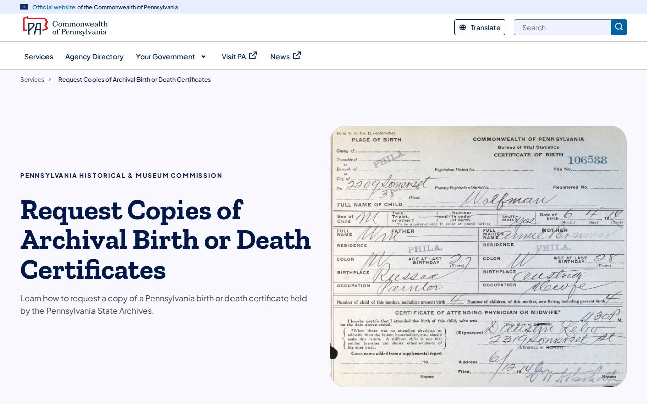 Upper Allen Township resident lookup archival birth or death certificate request